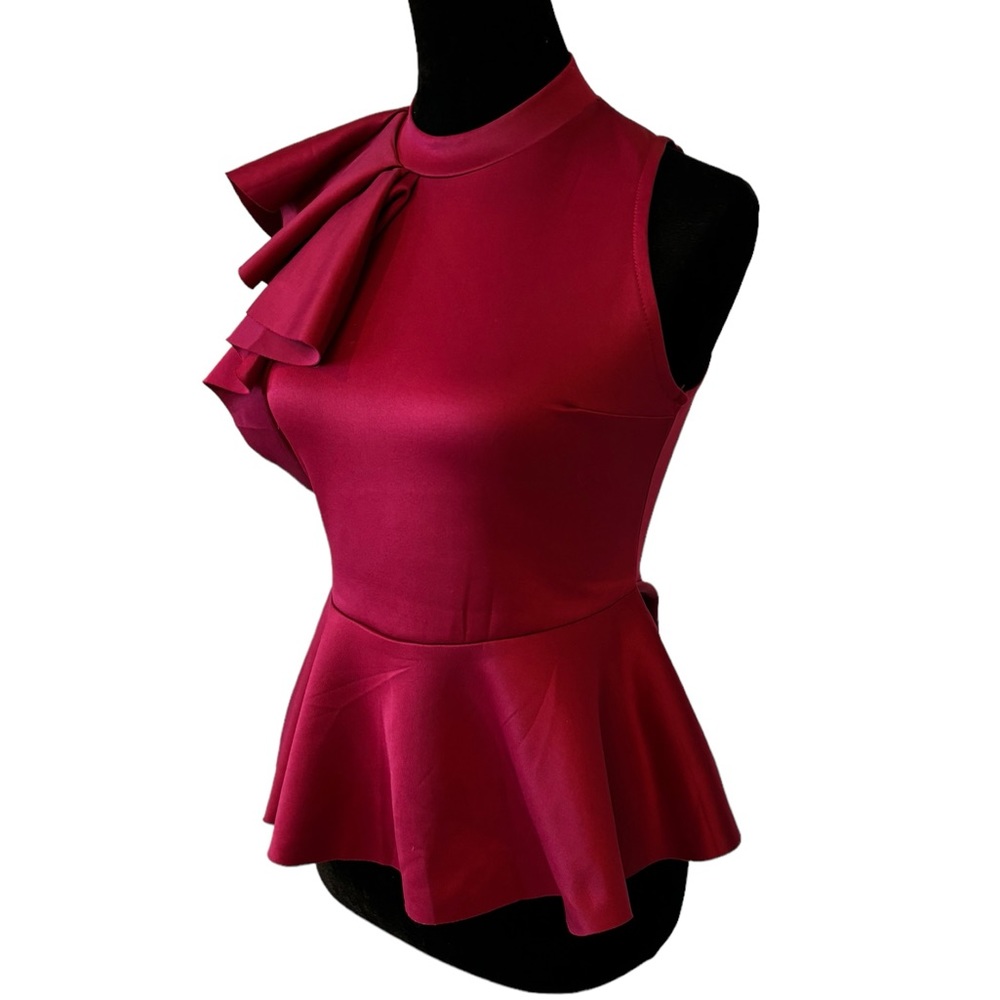 Side Ruffle Stretch Peplum Top Blue Burgundy - Picture 5 of 14